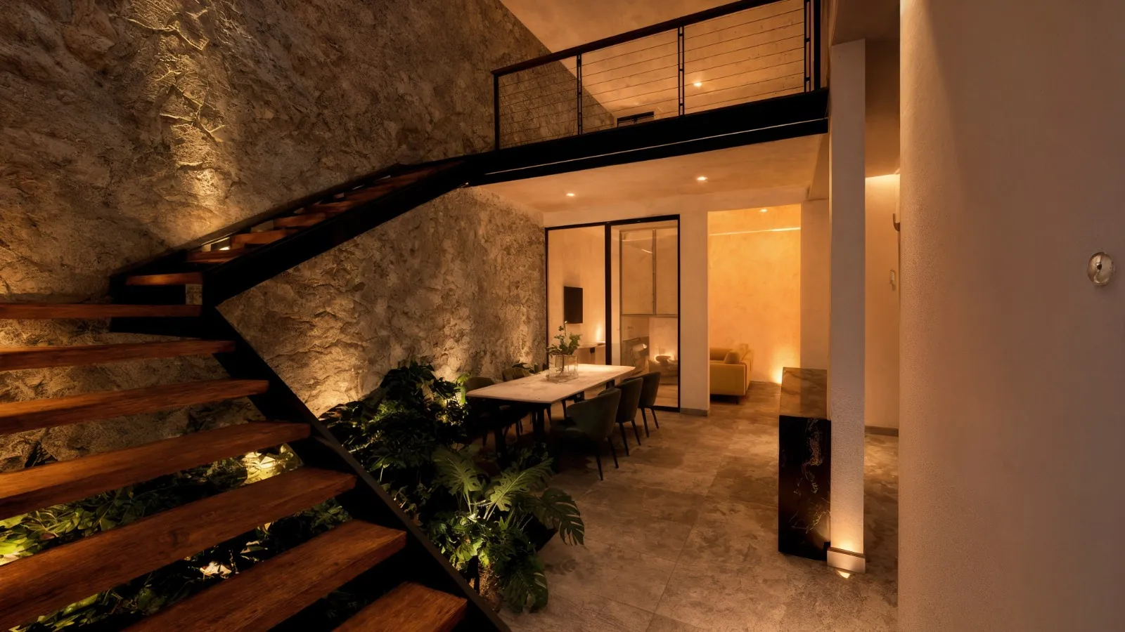 Residencia Chio: escalera de madera en doble altura junto a un muro de piedra y el comedor