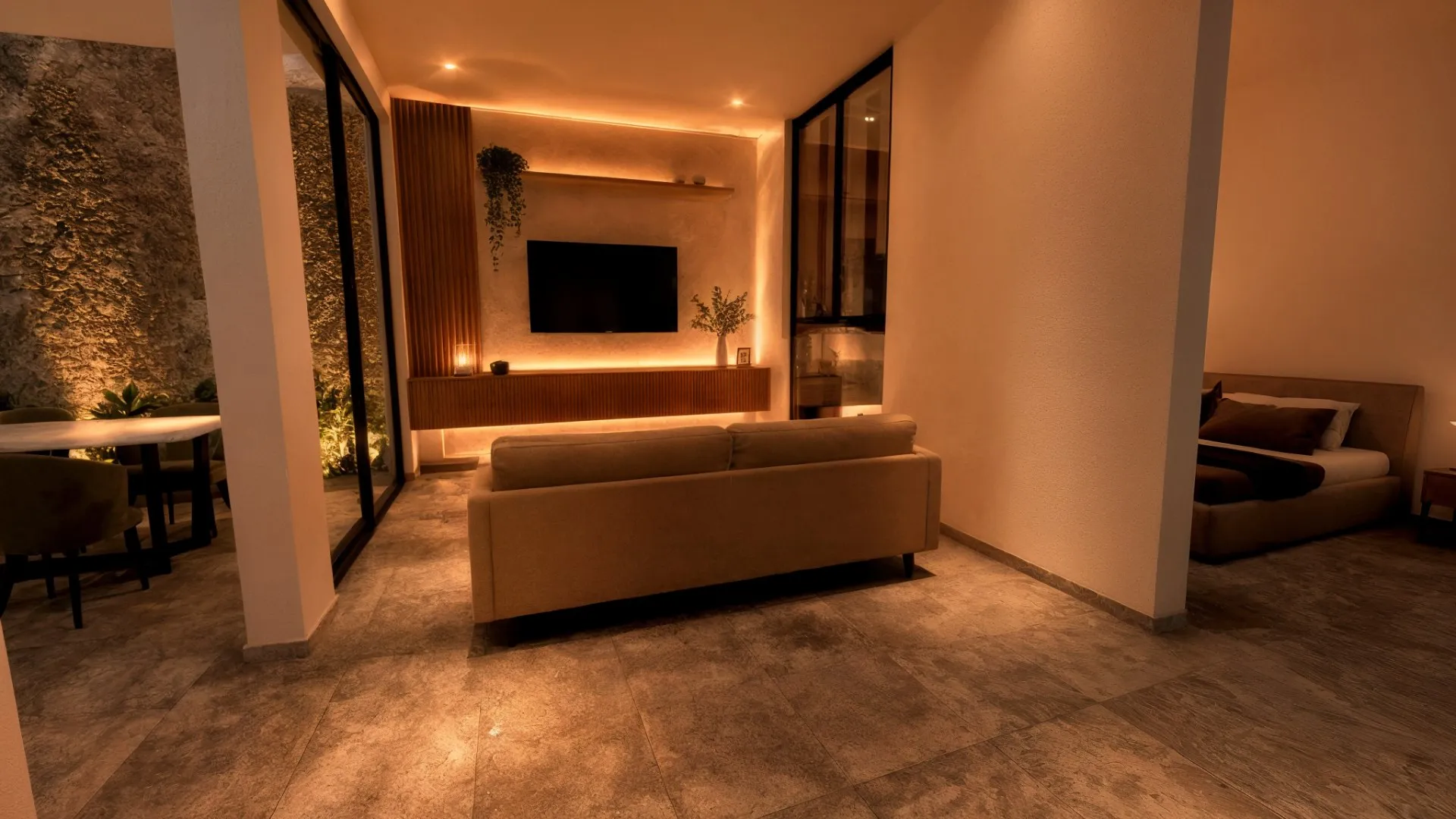 Residencia Chio: estancia con sala, pantalla empotrada e iluminación cálida