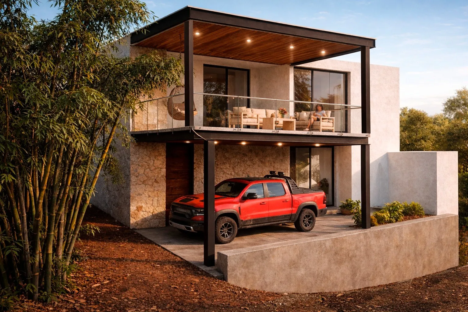 Residencia Chio: fachada con terraza techada, bambú y cochera