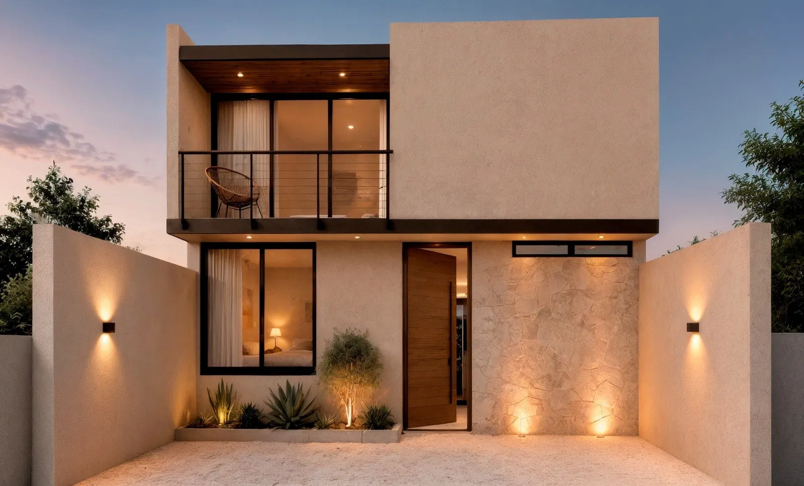 Render de residencia de dos niveles con balcón y muros de acceso iluminados al atardecer
