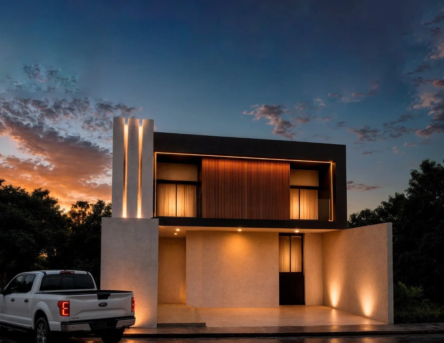 Residencia contemporánea de dos niveles al anochecer, con celosía de madera y muros iluminados